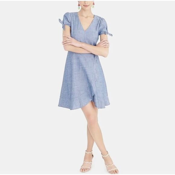 J.Crew Factory Chambray Faux Wrap Dress Blue preppy summer classic casual sz 0 - Picture 1 of 7